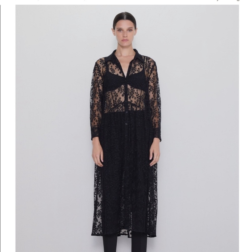 Zara blogger favorite long Semi-Sheer Lace Shirt Dress